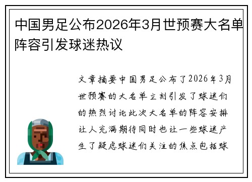 中国男足公布2026年3月世预赛大名单阵容引发球迷热议