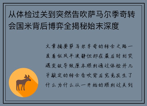 从体检过关到突然告吹萨马尔季奇转会国米背后博弈全揭秘始末深度