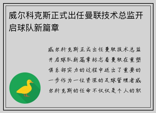 威尔科克斯正式出任曼联技术总监开启球队新篇章